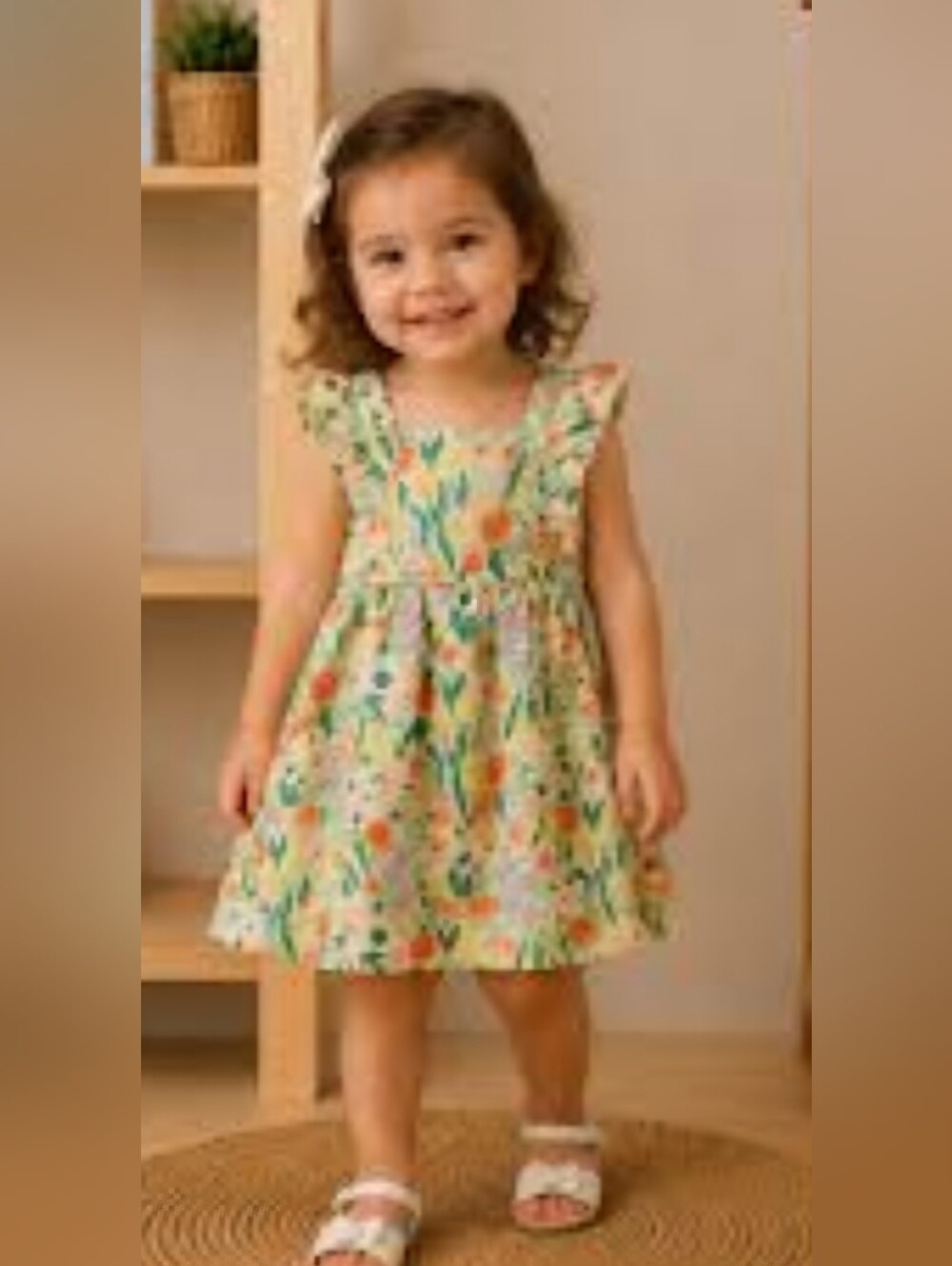 Girl's Cat & Jack Green Floral Ruffle-Sleeve Dress with Orange & Blue Accents